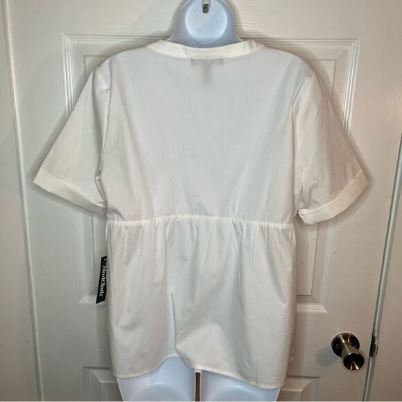 Modcloth Never Better Y-Neck Top White Peplum Blouse Shirt Size M NWT - Picture 9 of 12